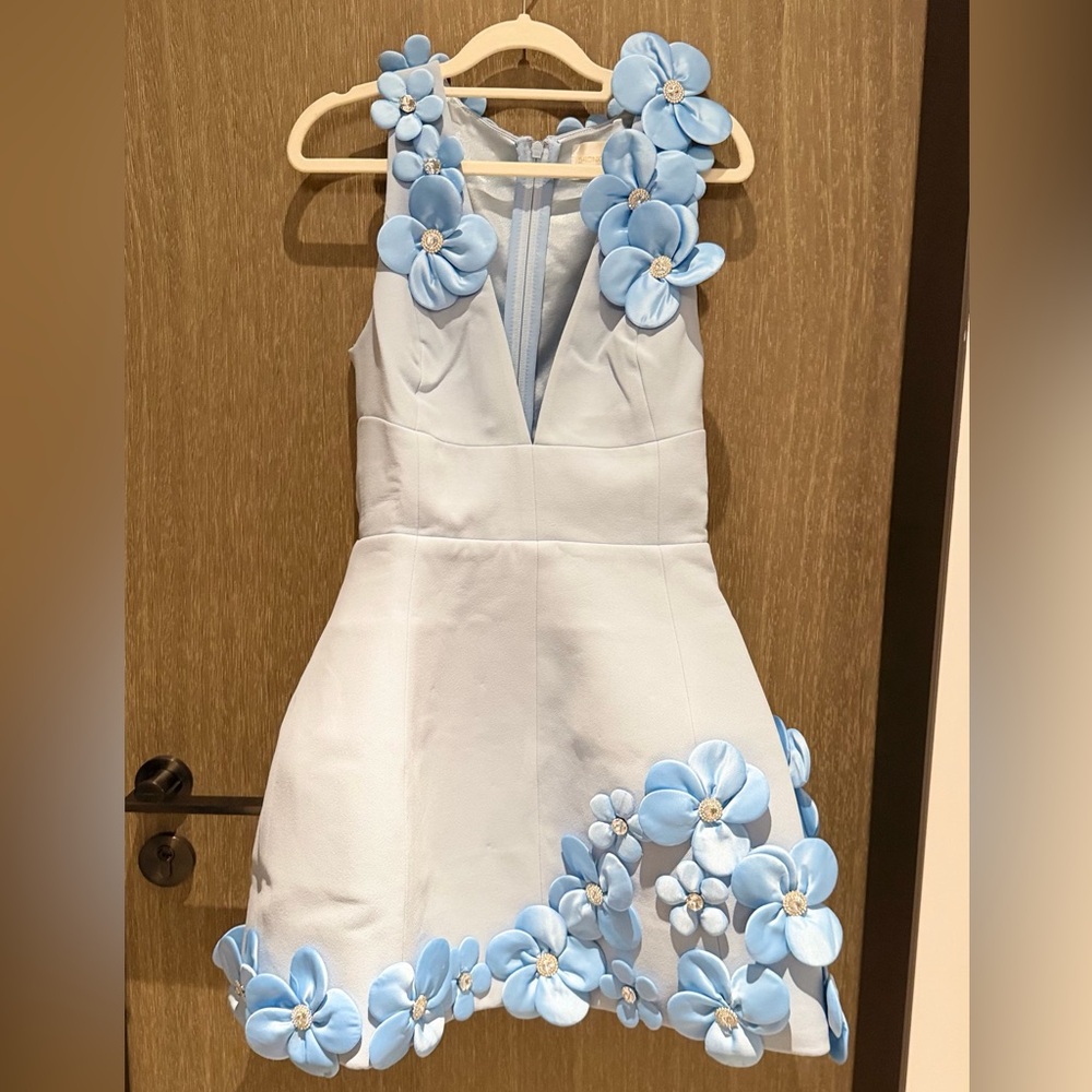 bronx and banco Light Blue Floral Appliqué V-Neck Mini Dress-RRP$895 - Picture 2 of 13